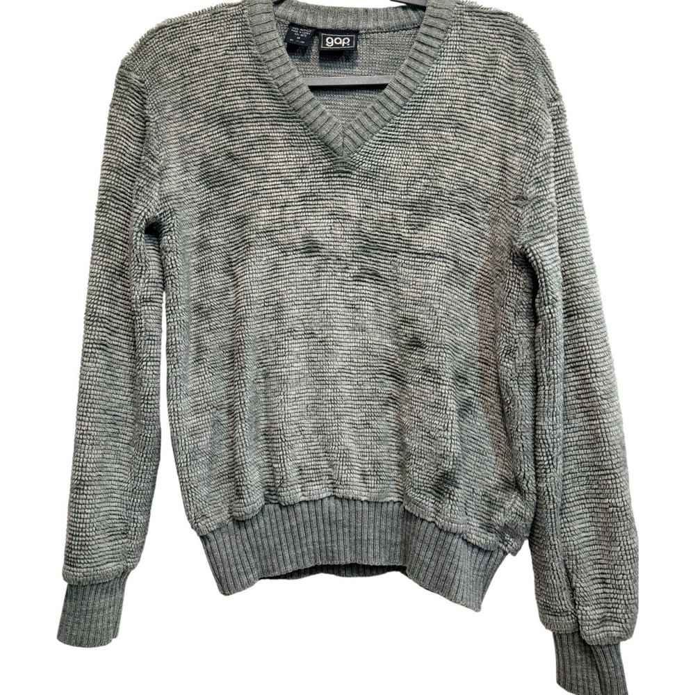 Vintage‎ 80s GAP Chenille V-Neck Sweater Gray Textured Knit Unisex Pullover M